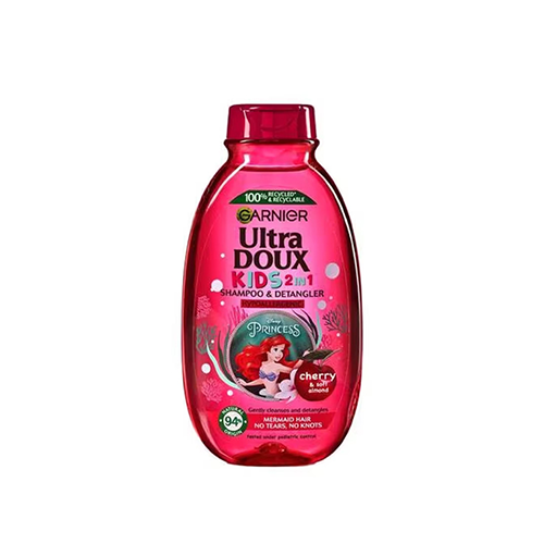 Leather and Kids Garnier Ultra Doux kids cherry almond shampoo detangler red bottle