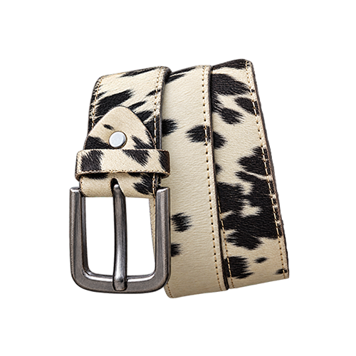 Cow print belt with black and white spotted pattern, stitched edges, antique silver pin buckle and riveted keeper loop on a white background