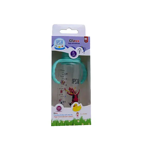 IPSA glass baby feeding bottle with teal handle and character print – Leather and Kids