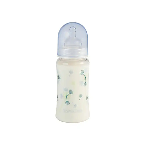 Ivory baby feeding bottle with blue cap and dandelion print – Leather and Kids