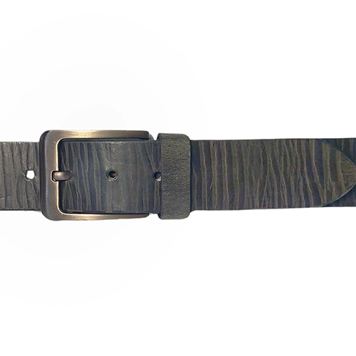 Men's grey leather belt laid flat with a deep vertical crackle texture, matte gunmetal pin buckle fastened through a punched hole and a rounded tip on a white background