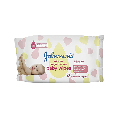 Johnsons Skincare fragrance free baby wipes 20 count pack available at Leather and Kid