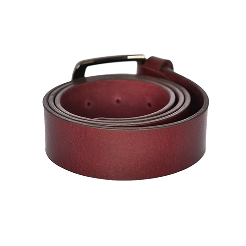 Men's wine red leather belt coiled flat showing a smooth strap, inner punched adjustment holes and a dark buckle frame at the back on a white background