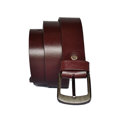 Men's maroon leather belt coiled upright with a glossy smooth strap, antique gunmetal pin buckle and riveted keeper loop on a white background