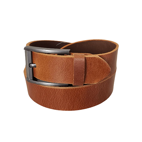 Men's rustic tan leather belt fastened in a loop with a raw-looking edge, pebbled grain and a dull gunmetal pin buckle on a white background