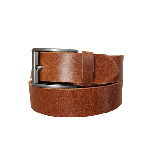 Men's tan leather belt fastened in a loop with a natural grain, matte gunmetal pin buckle and leather keeper loop on a white background