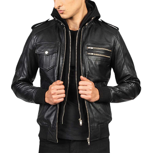 Leather Bomber Jacket with Hood (Thumbnail) Leather Bomber Jacket with Hood - Image 1