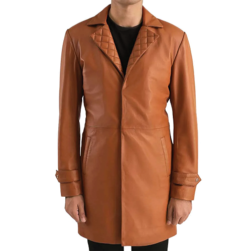 Tan Leather Coat Full Front View | Leather and Kids Full front view of men's tan leather coat with quilted collar lining and snap-tab cuffs, Leather and Kids