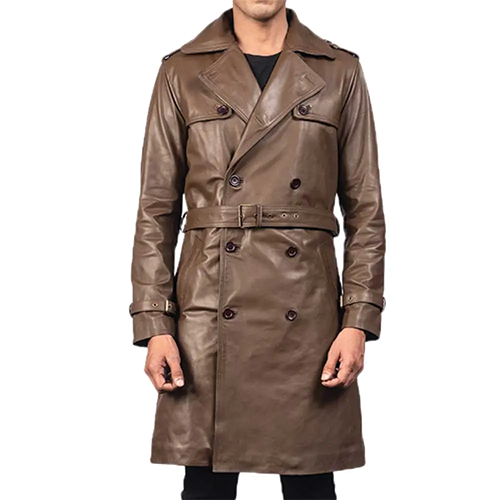 Long Trench Coat Full Front Look | Leather and Kids Full front view of men's long brown leather trench coat with double-breasted buttons and belted waist, Leather and Kids