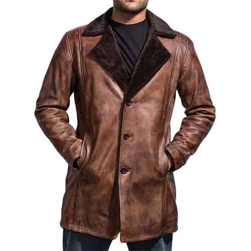 Men's Distressed Brown Leather Shearling Coat – Leather and Kids Men's distressed brown leather shearling coat with fur-lined collar and button front, Leather and Kids
