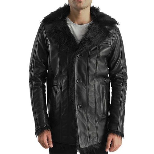 Black Fur Collar Leather Jacket for Men | Leather and Kids Men's black leather jacket with fur collar and cuffs from Leather and Kids, front button-up style