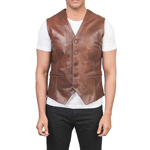 Men's Brown Leather Button-Front Vest – Front View | Leather and Kids Front view of men's brown leather button-front vest with V-neck and dual welt pockets – Leather and Kids