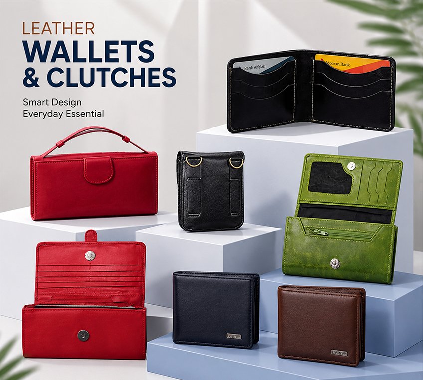 Leather and Kids leather wallets and clutches collection in red black green navy and brown