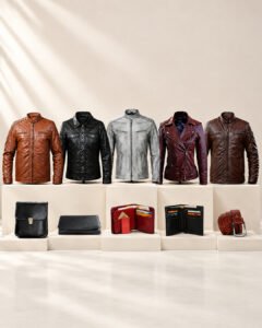 Leather and Kids men's leather collection featuring jackets, wallets, sling bag, and belt