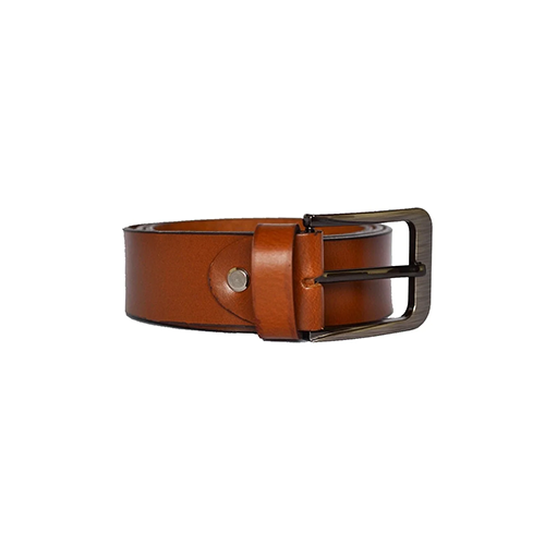 Side view of a men's tan leather belt with a smooth glossy strap, dark gunmetal pin buckle, leather keeper loop and silver-tone rivet on a white background
