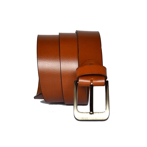 Men's glossy tan leather belt coiled upright with a smooth strap, dark edge line, keeper loop and brushed silver-tone pin buckle on a white background