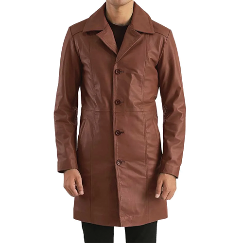 Reddish Brown Leather Long Coat – Front-Facing View | Leather and Kidsl) Front-facing view of men's reddish brown leather long coat with notch lapel and waist seam, Leather and Kids