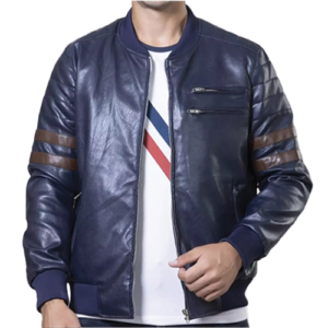Man wearing a Men's Navy Blue Bomber Jacket with Brown Stripes, featuring a ribbed collar, zip chest pocket, and striped sleeve detail.