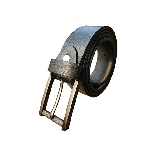 Men's black leather belt coiled at an angle with a fine crackled grain, dark bronze-tone pin buckle with a textured bottom bar and a leather keeper loop on a white background