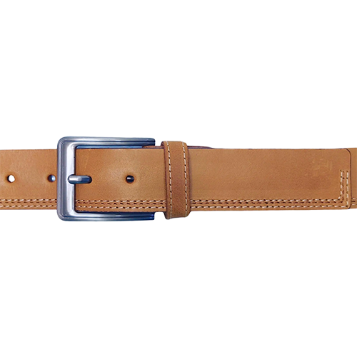 Flat lay of a men's camel leather belt with cream edge stitching, a brushed steel-tone pin buckle fastened through a punched hole and a stitched keeper loop on a white background