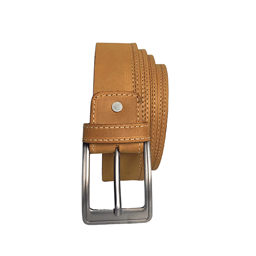 Men's camel brown leather belt coiled upright with a matte finish, three rows of cream stitching, brushed silver pin buckle and riveted keeper loop on a white background
