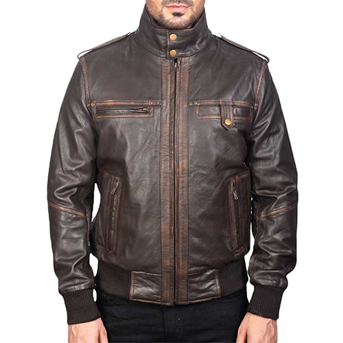 Full front view of men's distressed brown leather jacket with ribbed hem and cuffs – Leather and Kid