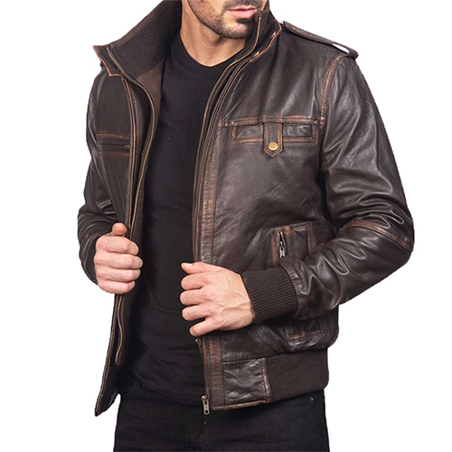 Close-up of men's distressed brown leather jacket open with inner collar lining visible – Leather and Kid