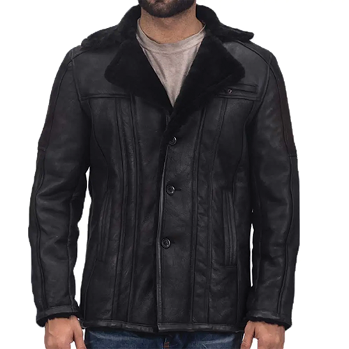 Men's Black Leather Shearling Jacket – Leather and Kids Men's black leather shearling jacket with fur-lined collar and button front, Leather and Kids