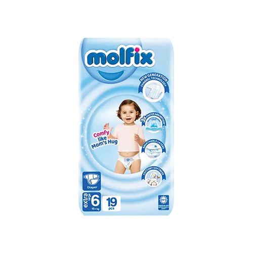 Molfix Diapers – Channel Technology Extra Large Size 6, 19 Pcs Molfix diapers extra large size 6 15+kg 19 count pack available at Leather and Kid