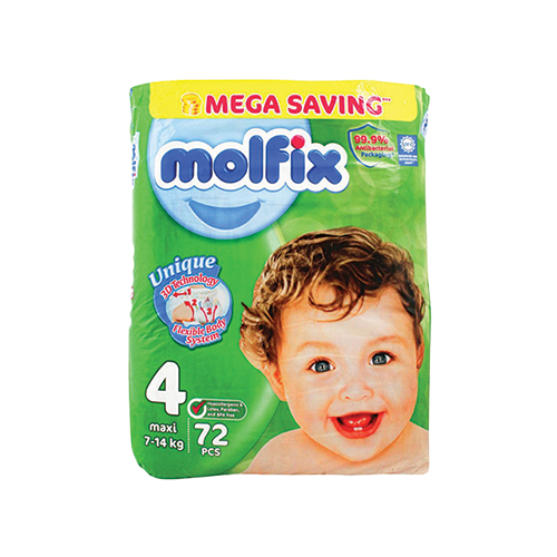 Molfix maxi diapers size 4 mega saving 7-14kg 72 count pack available at Leather and Kid