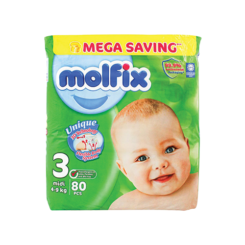 Molfix midi diapers size 3 mega saving 4-9kg 80 count pack available at Leather and Kid