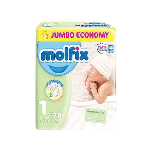Molfix newborn diapers size 1 jumbo economy 2-6kg 78 count pack available at Leather and Kid