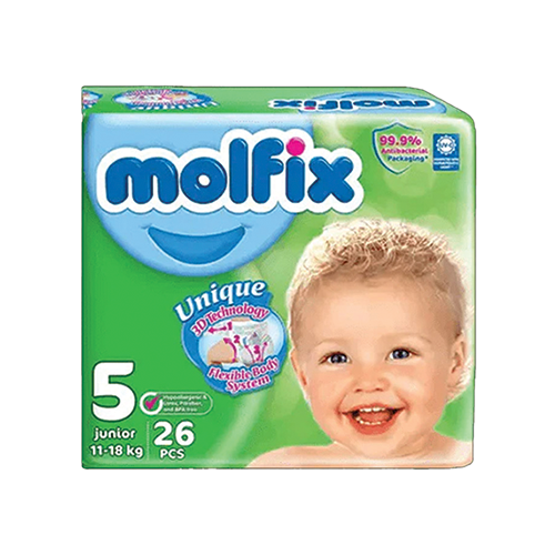 Molfix junior diapers size 5 11-18kg 26 count pack available at Leather and Kid