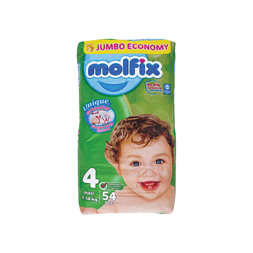 Molfix maxi diapers size 4 jumbo economy 7-14kg 54 count pack available at Leather and Kid