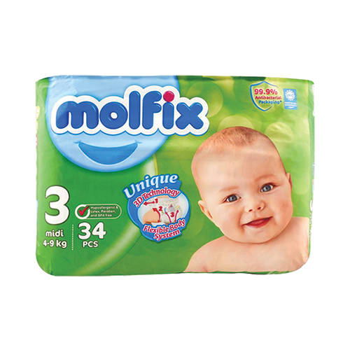 Molfix midi diapers size 3 4-9kg 34 count pack available at Leather and Kid