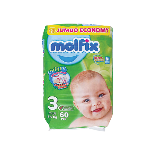 Molfix midi diapers size 3 jumbo economy 4-9kg 60 count pack available at Leather and Kid