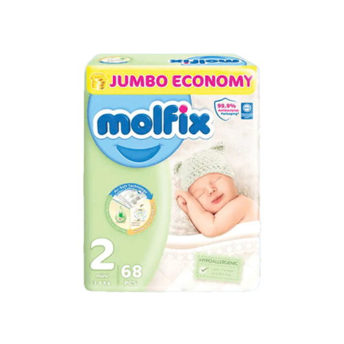 Molfix mini diapers size 2 jumbo economy 3-6kg 68 count pack available at Leather and Kid