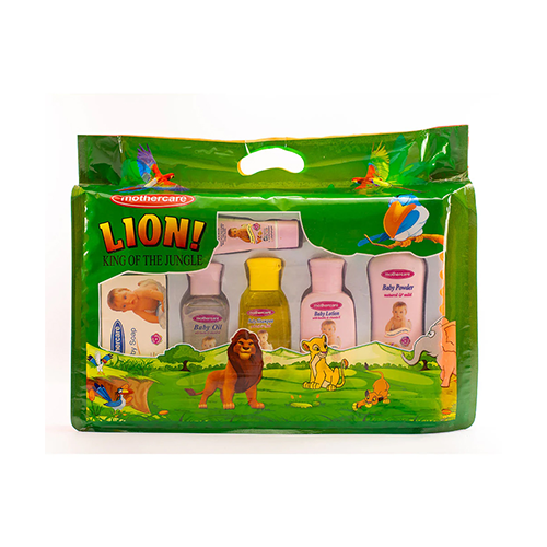 Leather and Kids Mothercare Lion themed baby gift set packaging