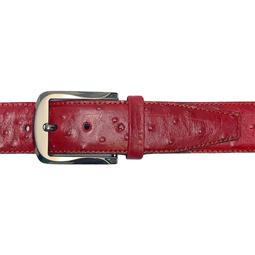Flat lay of a men's red leather belt with a raised ostrich-look texture, thin edge stitching, a polished pin buckle fastened through a hole and a red keeper loop on a white background