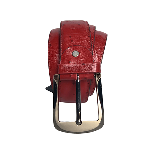 Men's red leather belt coiled upright with a dotted ostrich-look texture, polished gold-tone pin buckle with a curved frame and a riveted keeper loop on a white background