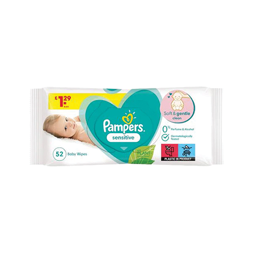 Pampers Sensitive baby wipes 52 count pack available at Leather and Kid