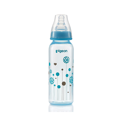 Pigeon baby feeding bottle with blue cap and polka dot balloon print – Leather and Kids
