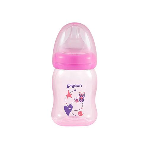 Pigeon wide-neck baby feeding bottle with pink cap and heart star print – Leather and Kids