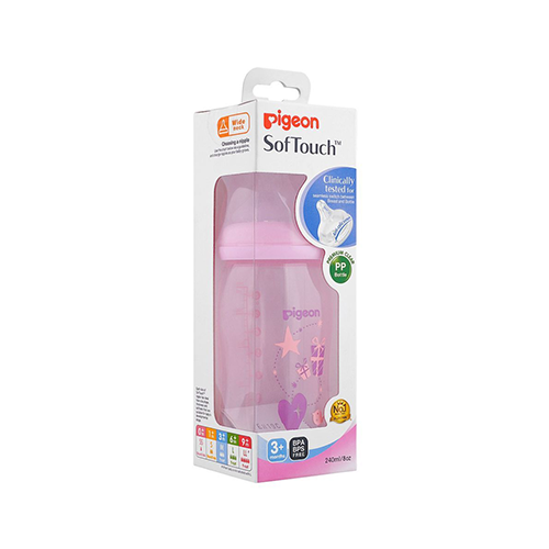 Pigeon SofTouch pink baby feeding bottle box, wide neck, 240ml – Leather and Kids