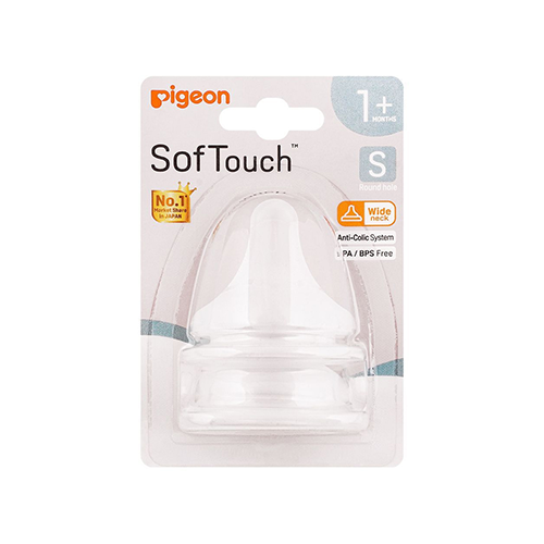 Leather and Kids Pigeon SofTouch wide neck teat size S packaging, 1+ months