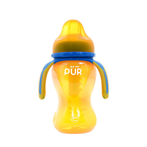 PUR orange baby feeding bottle with blue handles – Leather and Kids