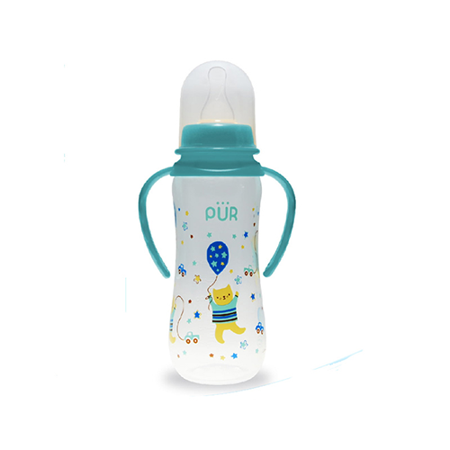 PUR baby feeding bottle with teal handles and cat balloon print – Leather and Kids