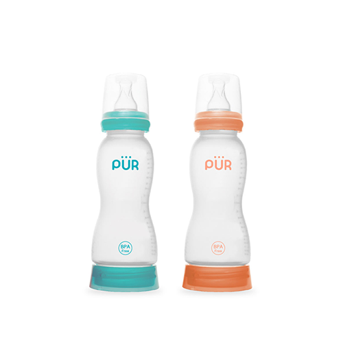 Pur baby feeding bottles in teal and orange, BPA-free set – Leather and Kids