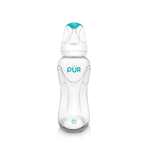 Pur clear wide-neck baby feeding bottle with teal nipple accent – Leather and Kids