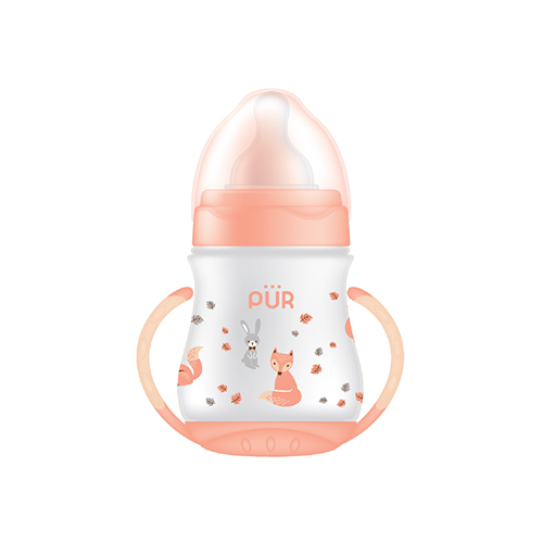 Pur wide-neck baby feeding bottle with peach handles and woodland fox print – Leather and Kids